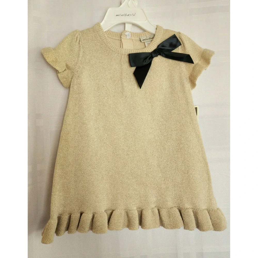 MiniBasix Baby‎ Girl Dress 6M Gold Metallic Knit Bow Ruffle Bottom Bloomer Set
